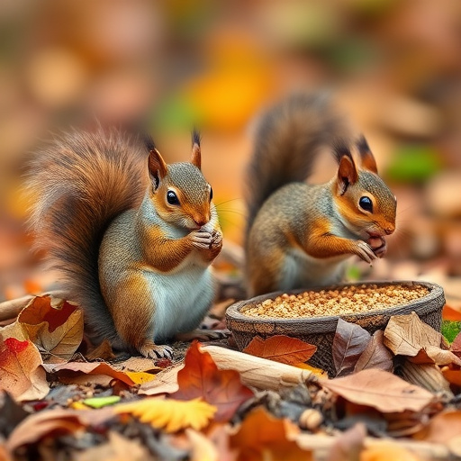 Squirrels near autumn bird food