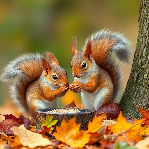 Squirrels near autumn bird food