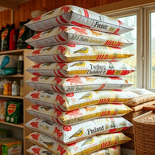 Stack of bird feed parcels indoors