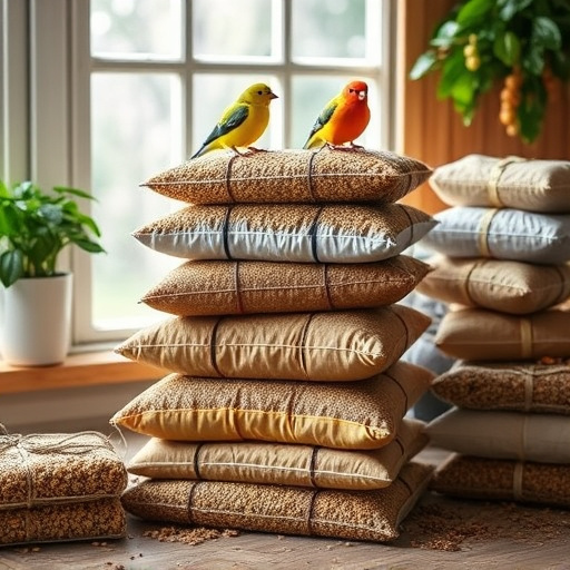 Stack of bird feed parcels indoors