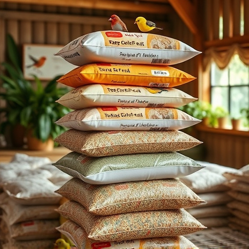 Stack of bird feed parcels indoors