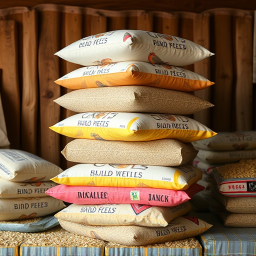 Stack of bird feed parcels indoors