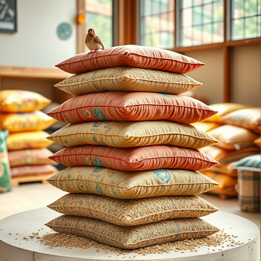 Stack of bird feed parcels indoors