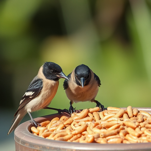 Starlings eating dried mealworms outdoors
