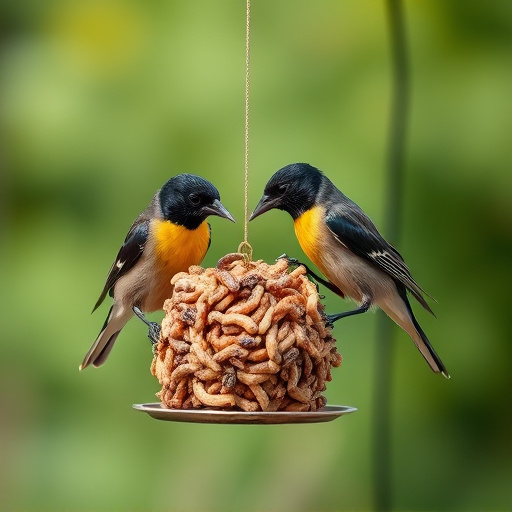 Starlings eating dried mealworms outdoors