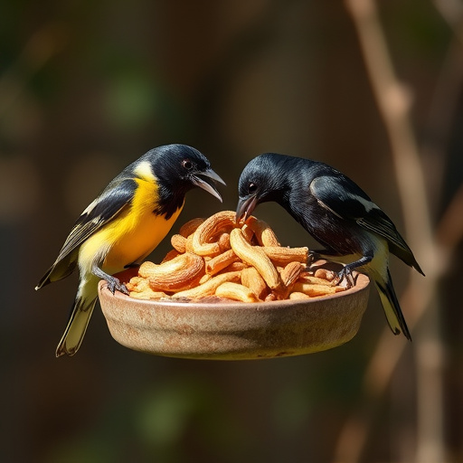 Starlings eating dried mealworms outdoors