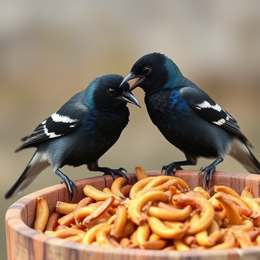 Starlings eating dried mealworms outdoors