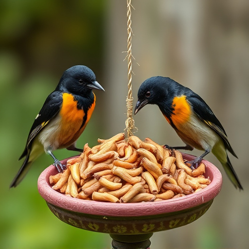 Starlings eating dried mealworms outdoors