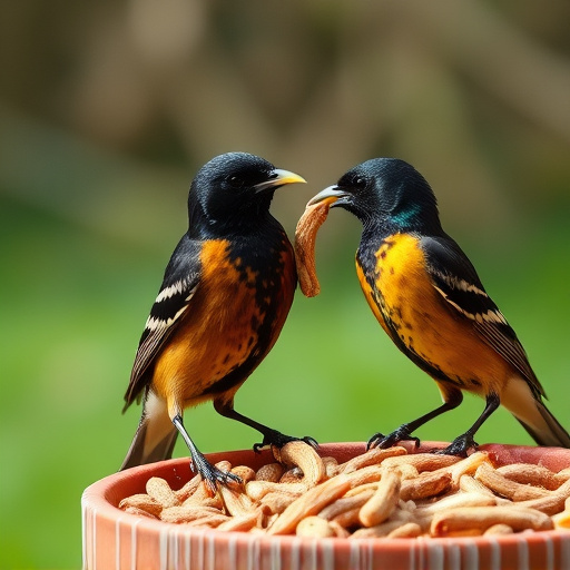 Starlings eating dried mealworms outdoors