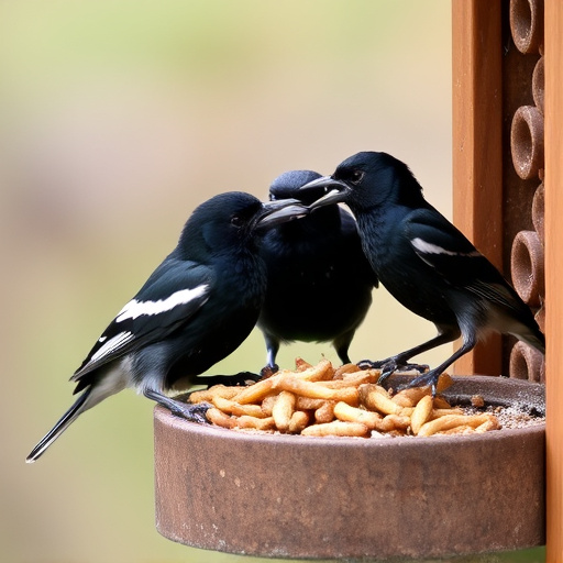 Starlings eating dried mealworms outdoors