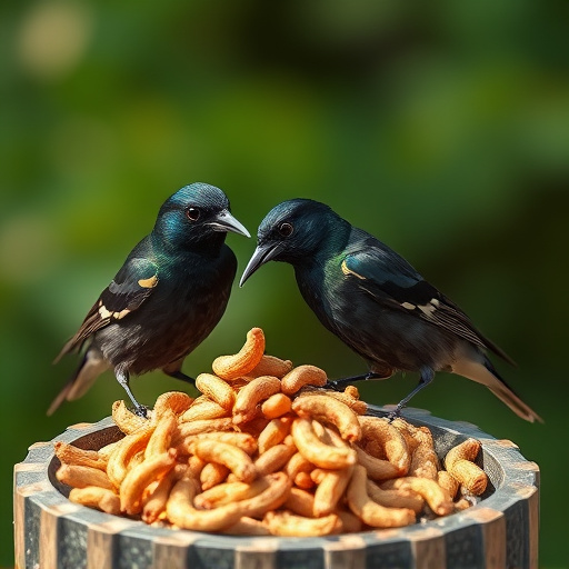 Starlings eating dried mealworms outdoors