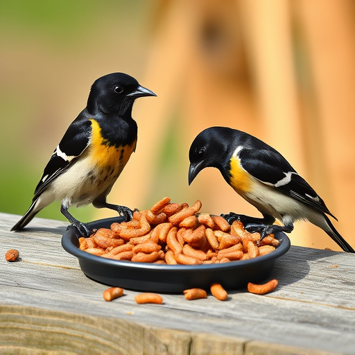 Starlings eating dried mealworms outdoors