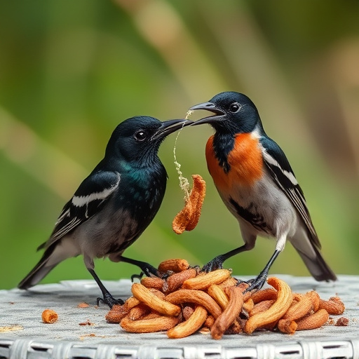 Starlings eating dried mealworms outdoors