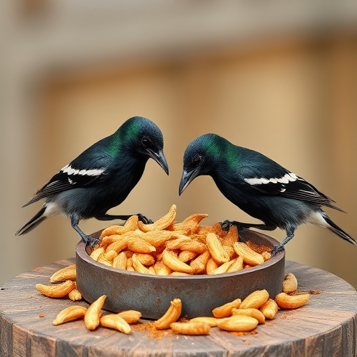 Starlings eating dried mealworms outdoors