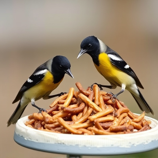 Starlings eating dried mealworms outdoors