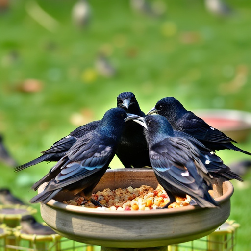 Starlings gathering near food dish
