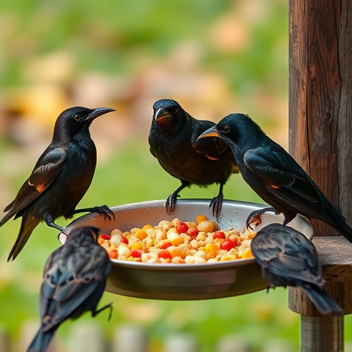 Starlings gathering near food dish