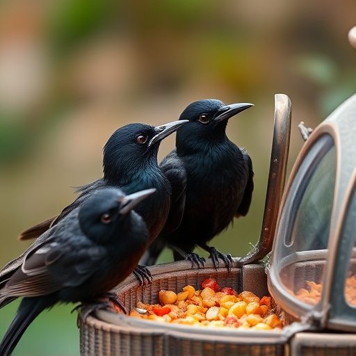 Starlings gathering near food dish