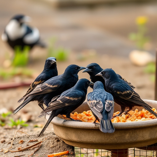 Starlings gathering near food dish