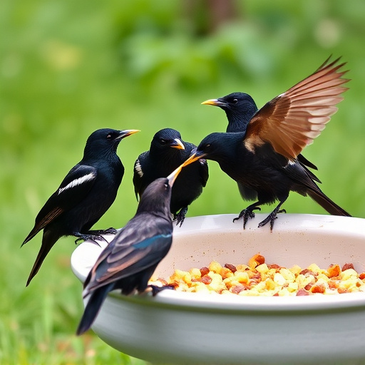 Starlings gathering near food dish