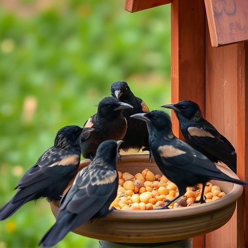 Starlings gathering near food dish