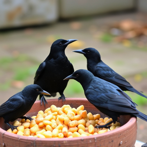 Starlings gathering near food dish