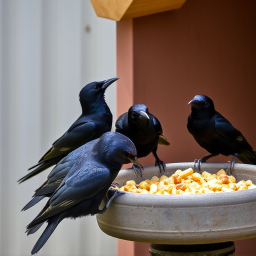 Starlings gathering near food dish