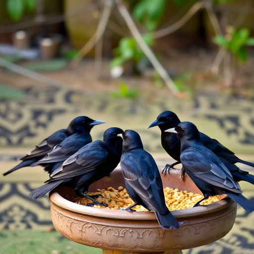 Starlings gathering near food dish