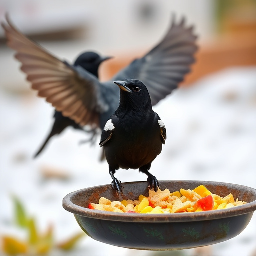 Starlings gathering near food dish