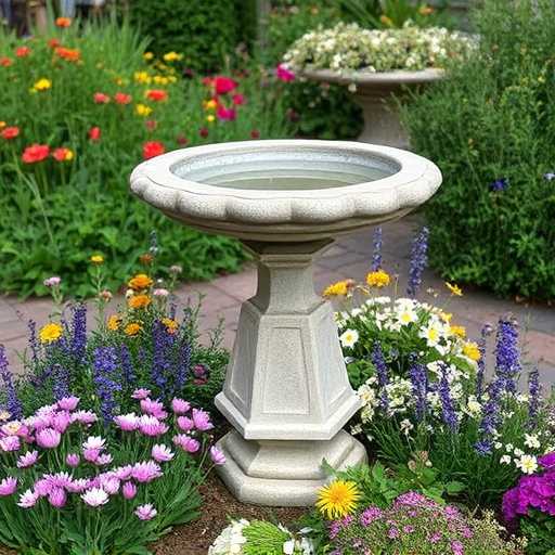 Stone bird bath surrounded by wildflowers