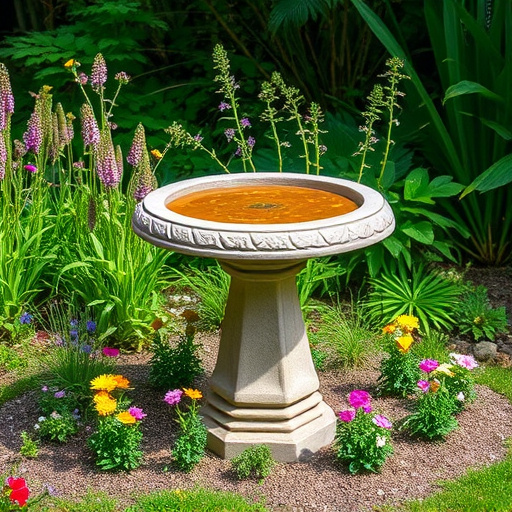 Stone bird bath surrounded by wildflowers