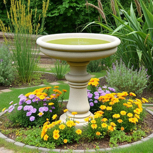 Stone bird bath surrounded by wildflowers