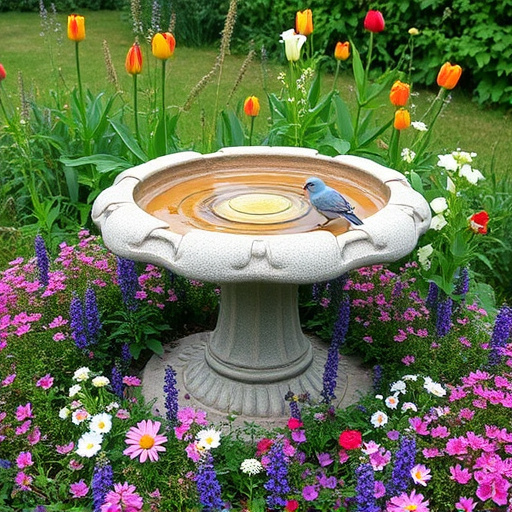 Stone bird bath surrounded by wildflowers