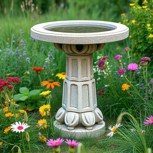 Stone bird bath surrounded by wildflowers