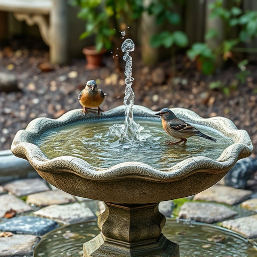 Stone bird bath with sparrows splashing water
