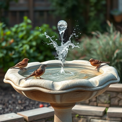 Stone bird bath with sparrows splashing water