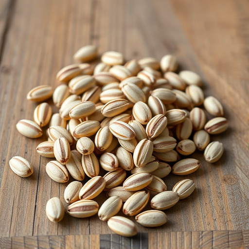 Striped sunflower seeds on wooden table