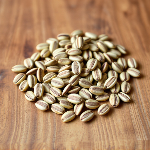Striped sunflower seeds on wooden table