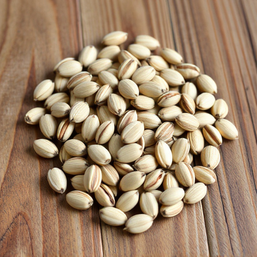 Striped sunflower seeds on wooden table