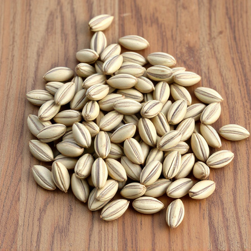 Striped sunflower seeds on wooden table