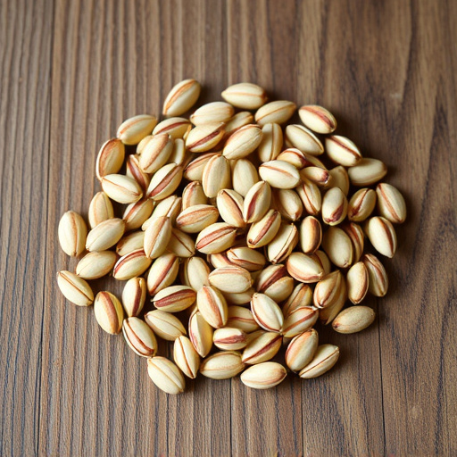 Striped sunflower seeds on wooden table