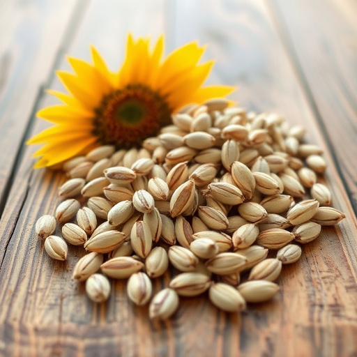 Striped sunflower seeds on wooden table