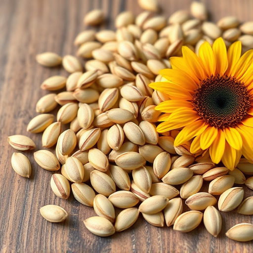 Striped sunflower seeds on wooden table