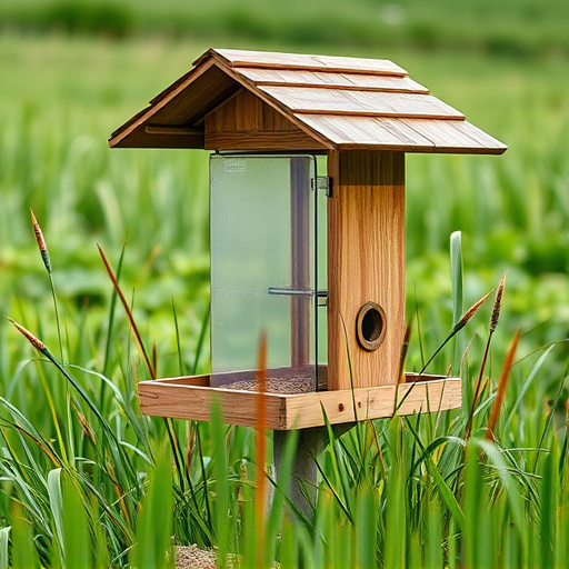 Sturdy roofed feeder surrounded by grass