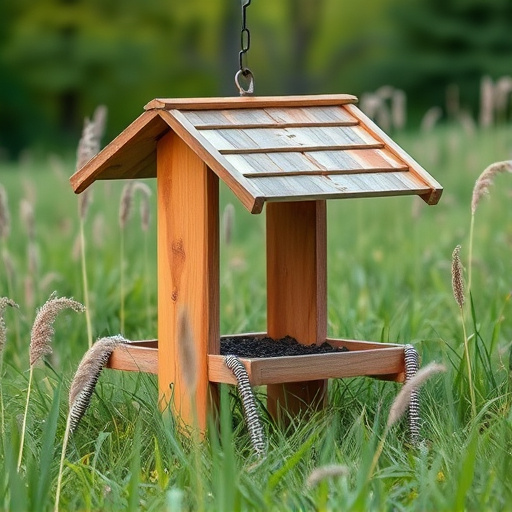 Sturdy roofed feeder surrounded by grass