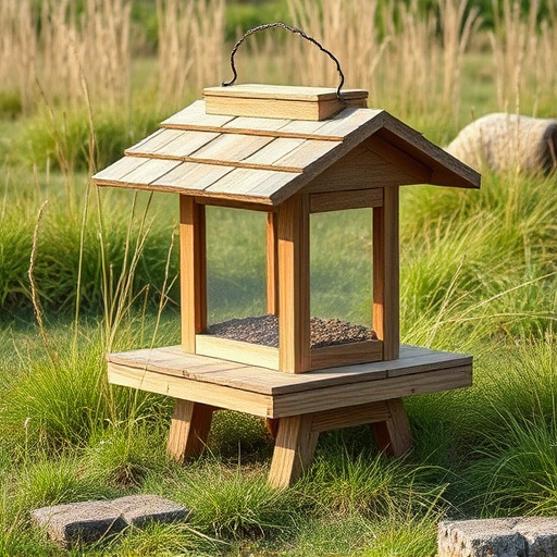 Sturdy roofed feeder surrounded by grass