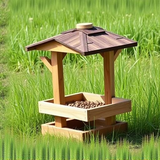 Sturdy roofed feeder surrounded by grass