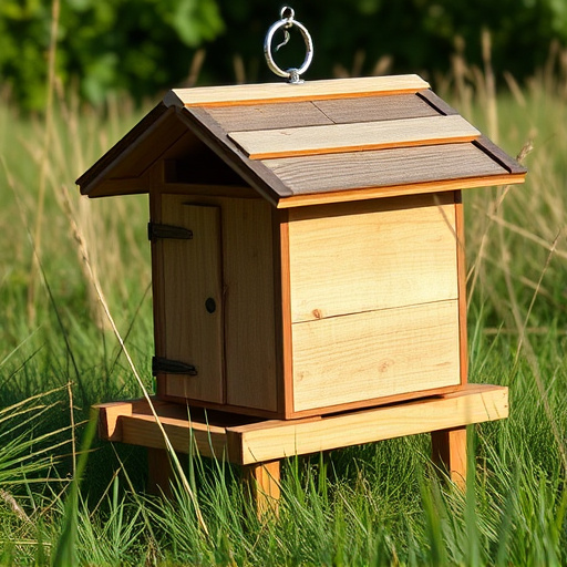 Sturdy roofed feeder surrounded by grass