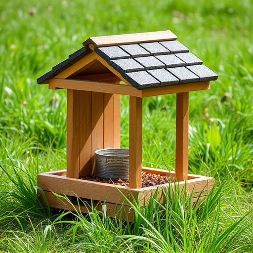 Sturdy roofed feeder surrounded by grass