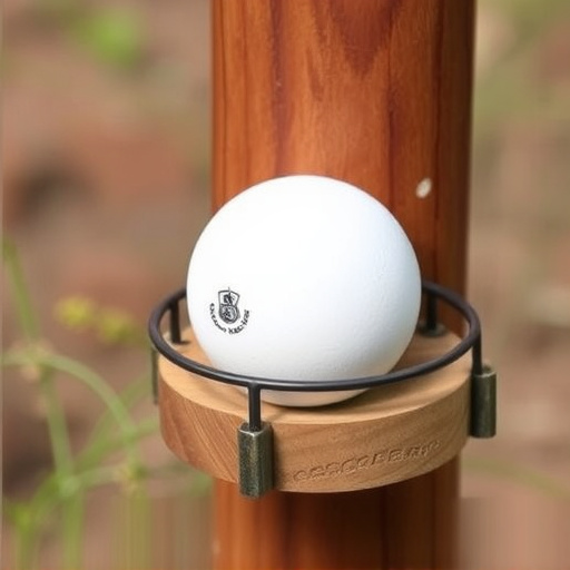 Suet ball holder attached to wooden post